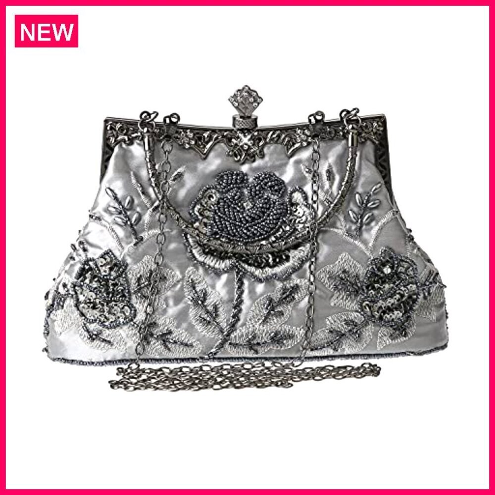 Vintage Floral Beaded Rhinestone Embroidery Sequin Clutch Evening Bag - Picture 8 of 8